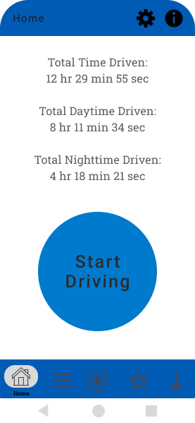 Drive log list view showing dates, durations, and day/night breakdown