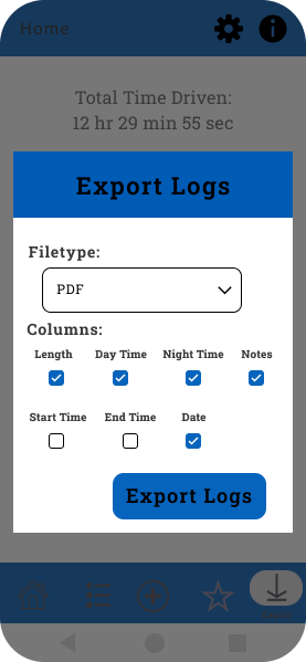 Export screen for generating a DMV-ready PDF driving log report